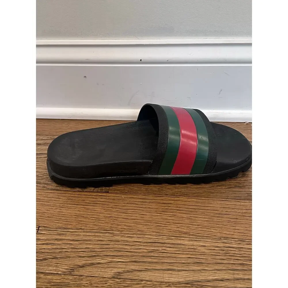 Gucci Mens Sz 10 Web Rubber Slide Sandals Black Green Red Pursuit Pool LEFT ONLY